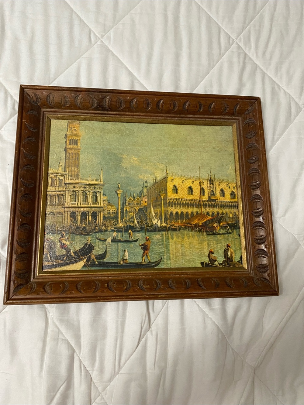 Vintage Wood Frame Craft Project Venetian Canal Print in Brown Wood Frame